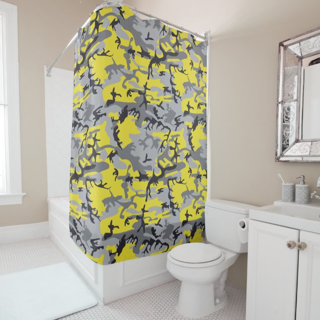 Yellow and Gray Camouflage, Military, Army Shower Curtain (In Situ)