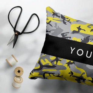 Yellow and Gray Camouflage Your name Personalize Accent Pillow