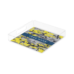 Yellow and Gray Camouflage Your name Personalize Acrylic Tray