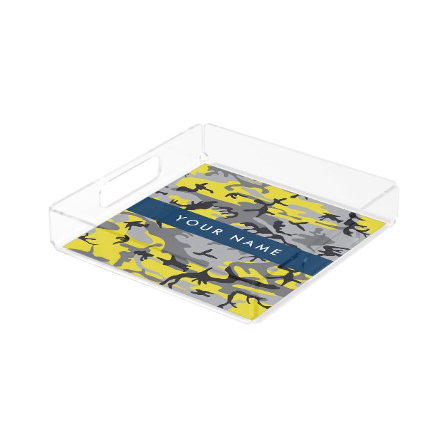 Yellow and Gray Camouflage Your name Personalize Acrylic Tray (Angled)