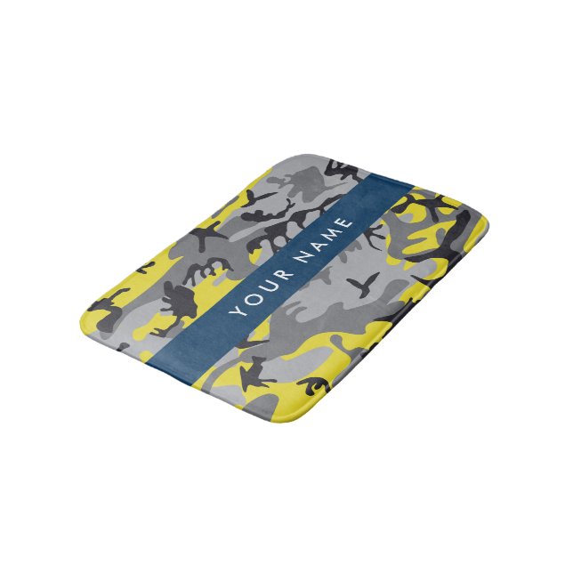 Yellow and Gray Camouflage Your name Personalize Bath Mat (Angled)