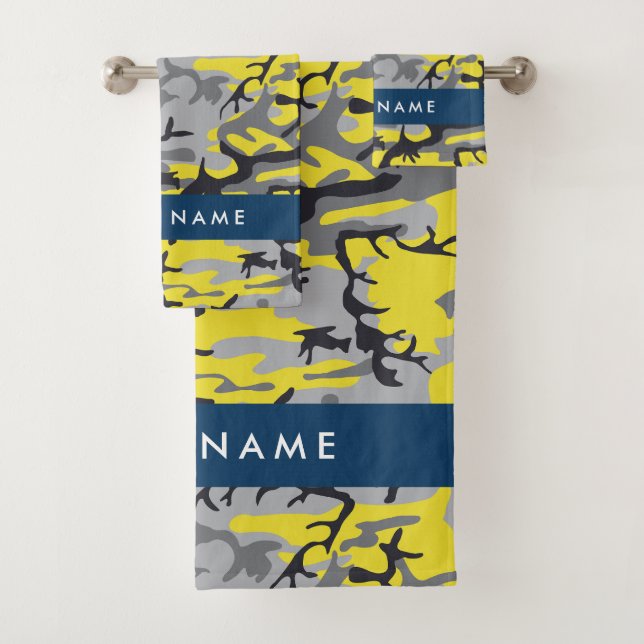 Yellow and Gray Camouflage Your name Personalize Bath Towel Set (Insitu)