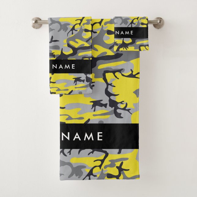 Yellow and Gray Camouflage Your name Personalize Bath Towel Set (Insitu)