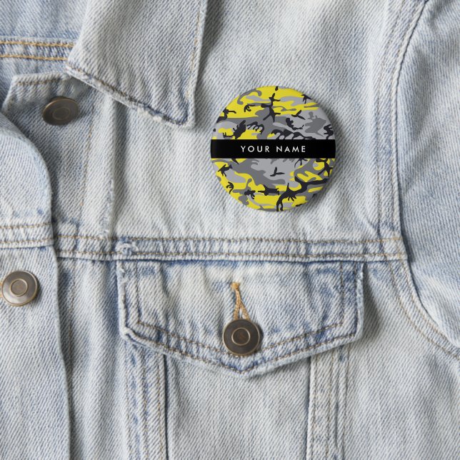 Yellow and Gray Camouflage Your name Personalize Button (In Situ)