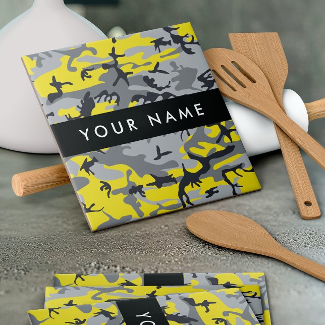 Yellow and Gray Camouflage Your name Personalize Ceramic Tile (Creator Uploaded)