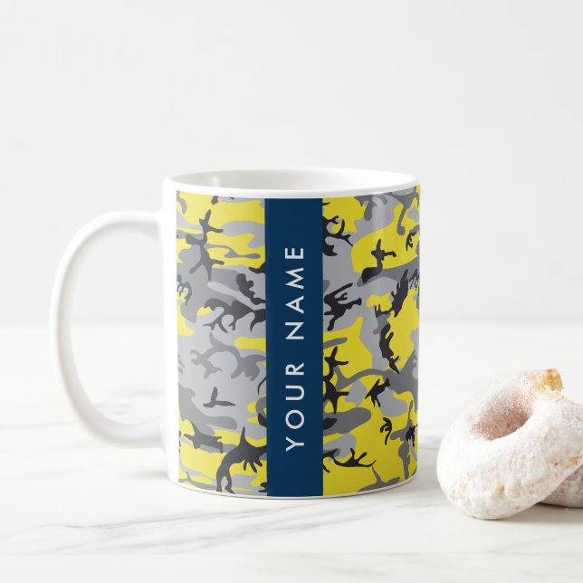 Yellow and Gray Camouflage Your name Personalize Coffee Mug (With Donut)