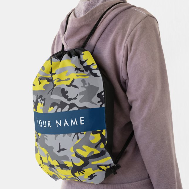 Yellow and Gray Camouflage Your name Personalize Drawstring Bag (Insitu)