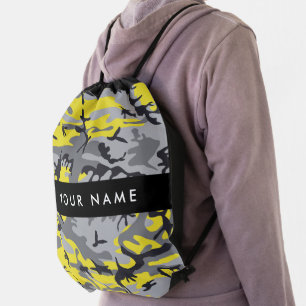 Yellow and Gray Camouflage Your name Personalize Drawstring Bag