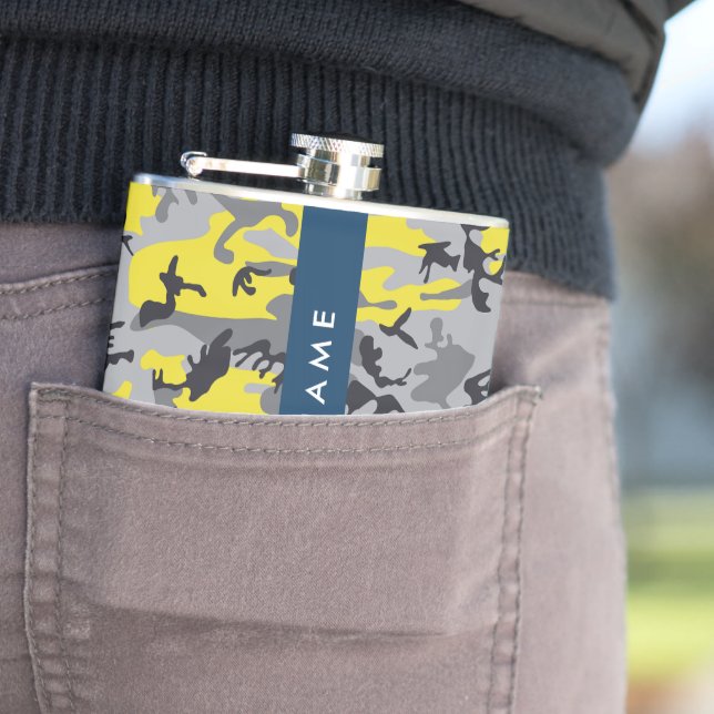 Yellow and Gray Camouflage Your name Personalize Flask (In Situ)