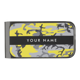 Yellow and Gray Camouflage Your name Personalize Gunmetal Finish Money Clip