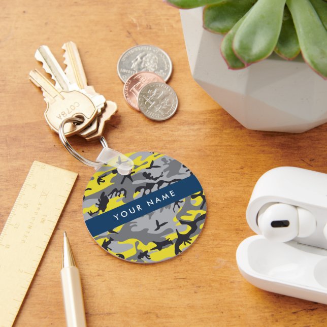 Yellow and Gray Camouflage Your name Personalize Keychain (Desk)