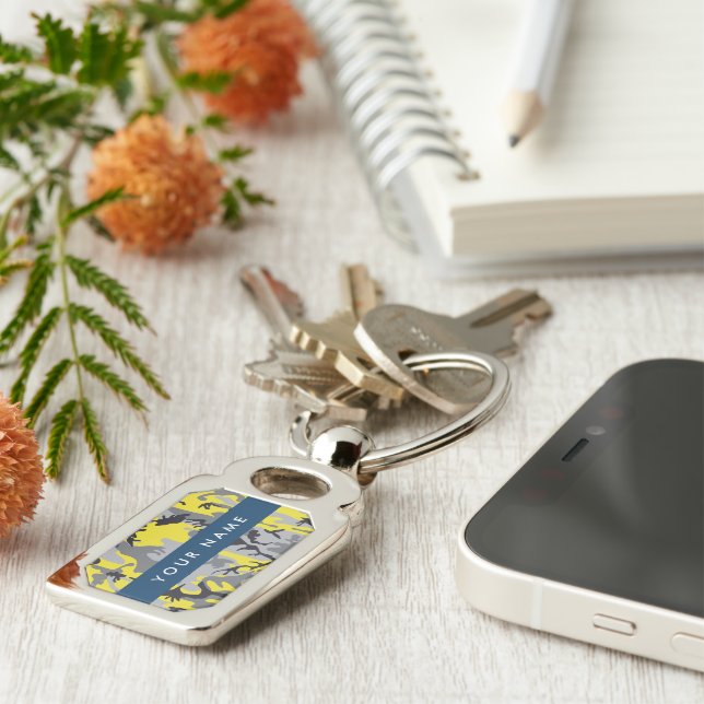 Yellow and Gray Camouflage Your name Personalize Keychain (Side)