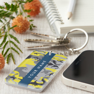Yellow and Gray Camouflage Your name Personalize Keychain