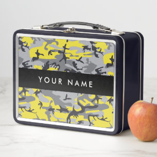 Yellow and Gray Camouflage Your name Personalize Metal Lunch Box