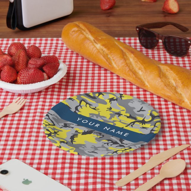 Yellow and Gray Camouflage Your name Personalize Paper Plates (Picnic)