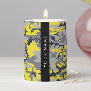 Yellow and Gray Camouflage Your name Personalize Pillar Candle