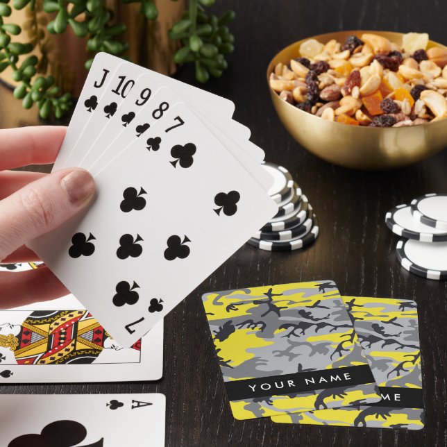 Yellow and Gray Camouflage Your name Personalize Poker Cards (In Situ)