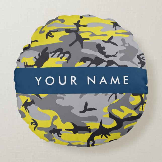 Yellow and Gray Camouflage Your name Personalize Round Pillow (Front)