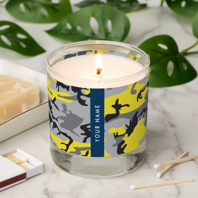 Yellow and Gray Camouflage Your name Personalize Scented Candle (Lit)