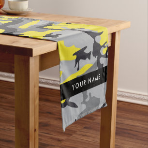 Yellow and Gray Camouflage Your name Personalize Short Table Runner