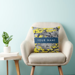 Yellow and Gray Camouflage Your name Personalize Throw Pillow