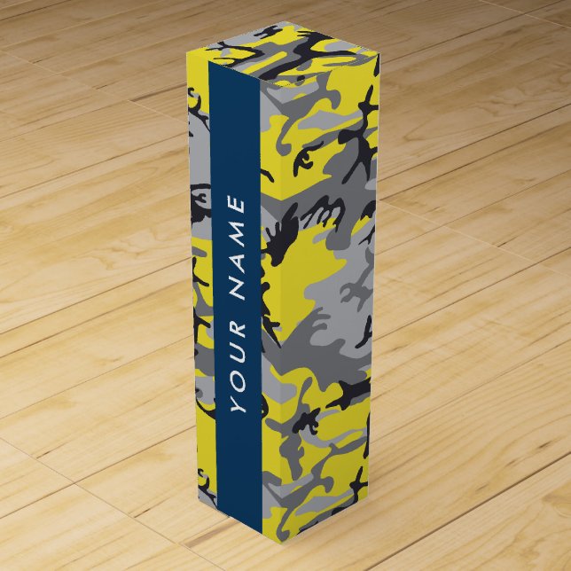 Yellow and Gray Camouflage Your name Personalize Wine Box (Front)