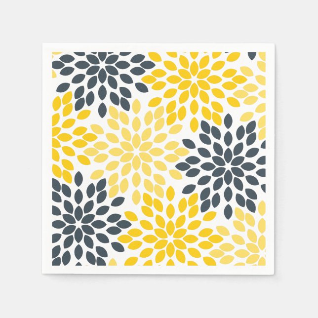 Yellow and Gray Charcoal Modern Floral Paper Napkins (Front)