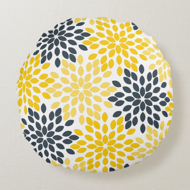 Yellow and Gray Charcoal Modern Floral Round Pillow (Front)