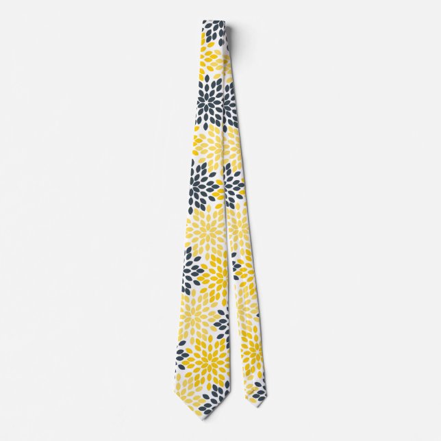 Yellow and Gray Charcoal Modern Floral Tie (Front)