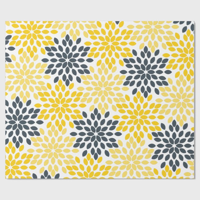 Yellow and Gray Charcoal Modern Floral Wrapping Paper (Flat)