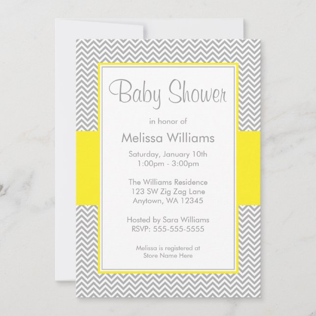 Yellow and Gray Chevron Baby Shower Invitations (Front)