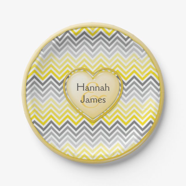 Yellow and Gray Chevron Custom Heart Paper Plate (Front)