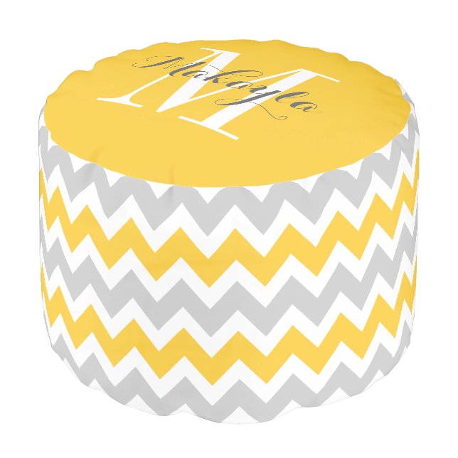 Yellow and Gray Chevron Custom Monogram Pouf (Angled Front)