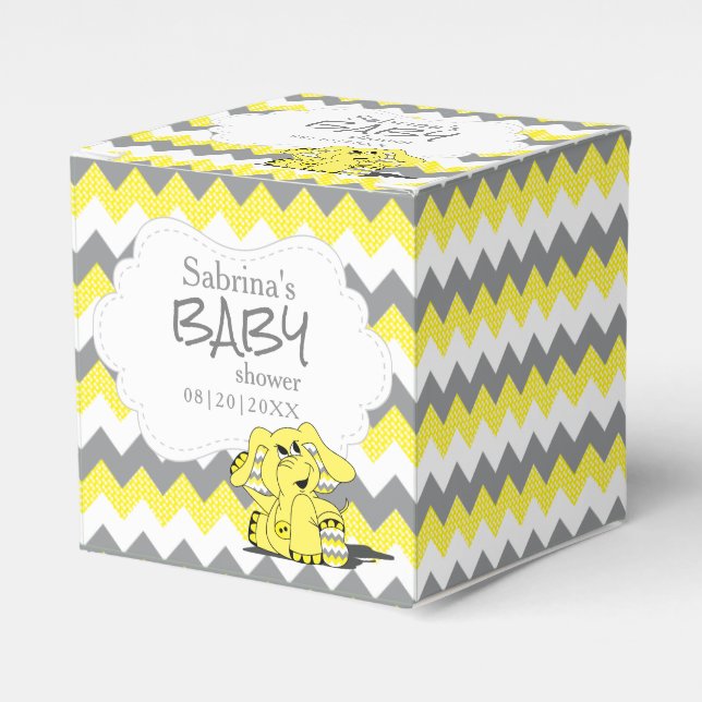 Yellow and Gray Chevron Elephant Baby Shower Favor Boxes (Front Side)