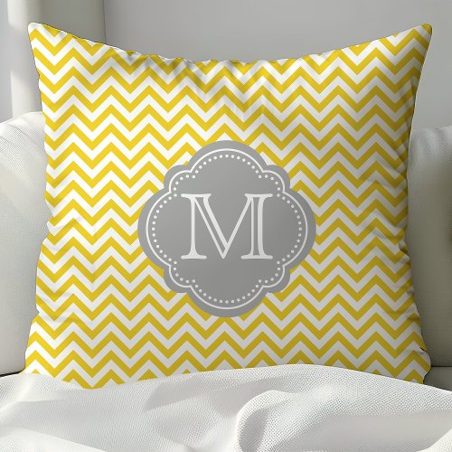 Yellow And Gray Chevron Monogrammed Throw Pillow