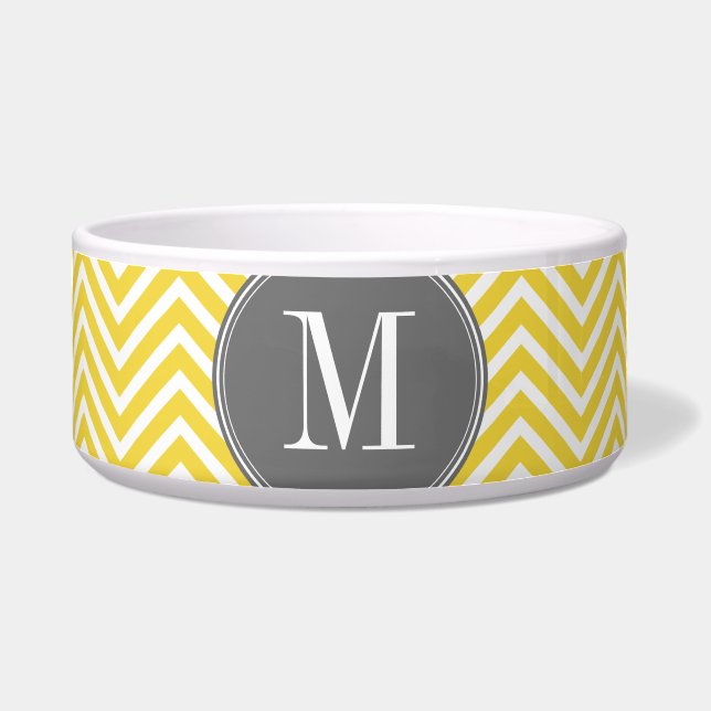 Yellow and Gray Chevron Pattern Custom Monogram Bowl (Front)