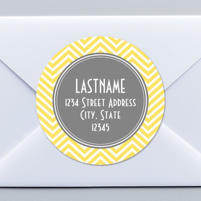 Yellow and Gray Chevron Pattern Custom Monogram Classic Round Sticker (Custom Return Address Sticker)