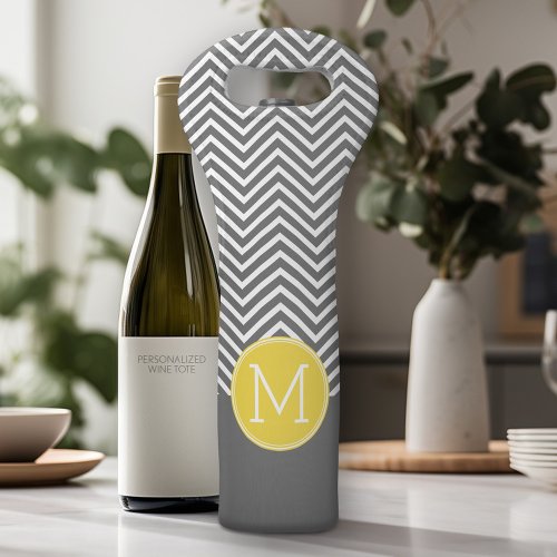 Yellow and Gray Chevron Pattern with Monogram Wine Bag