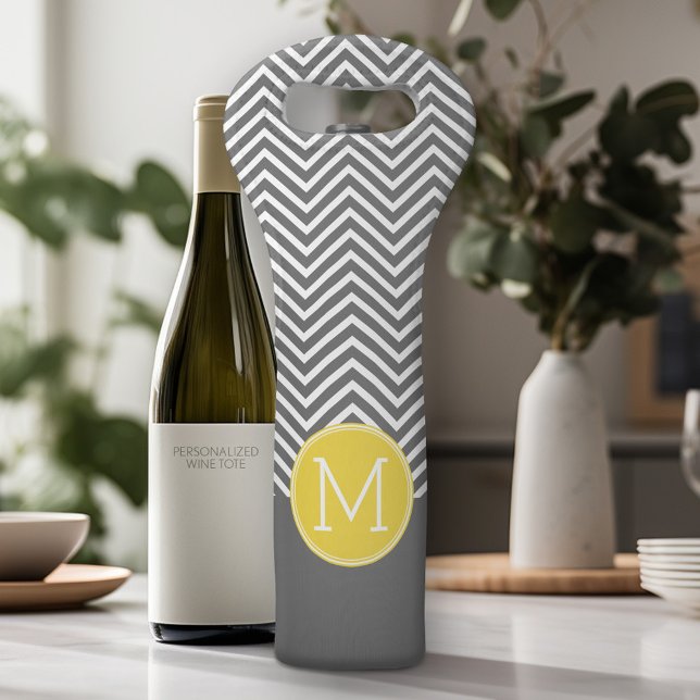 Yellow and Gray Chevron Pattern with Monogram Wine Bag (Personalized Wine Tote - Add Your Monogram or Customize completely in the advanced design area)