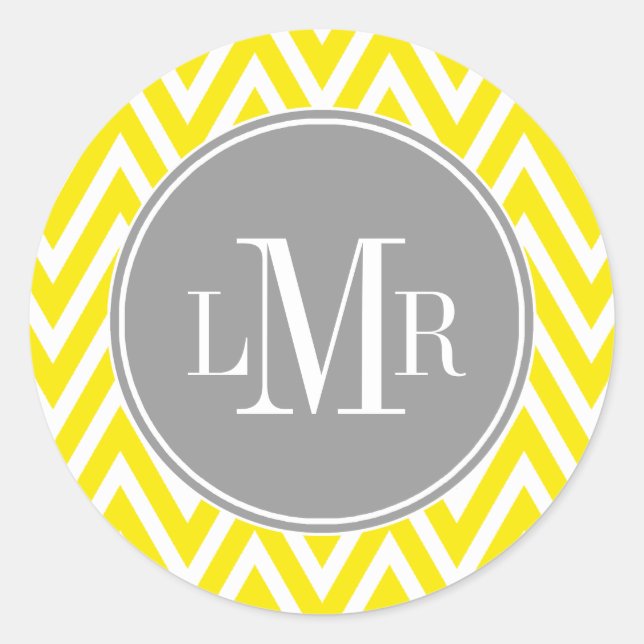 Yellow and Gray Chevrons Monogram Classic Round Sticker (Front)
