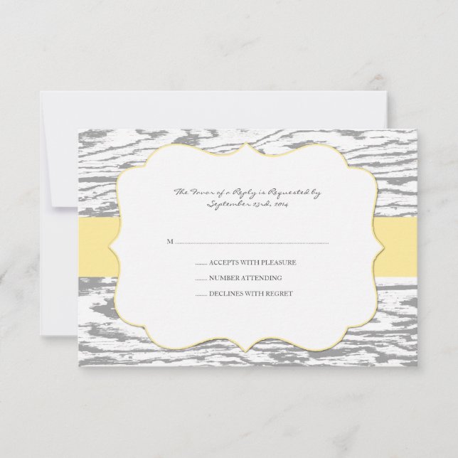 Yellow and Gray Chic Wood Grain Wedding rsvp (Front)