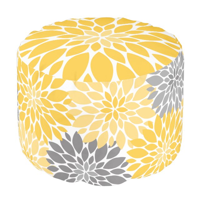 Yellow and Gray Chrysanthemums Floral Pattern Pouf (Angled Front)