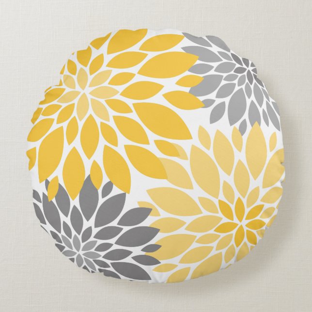 Yellow and Gray Chrysanthemums Floral Pattern Round Pillow (Front)