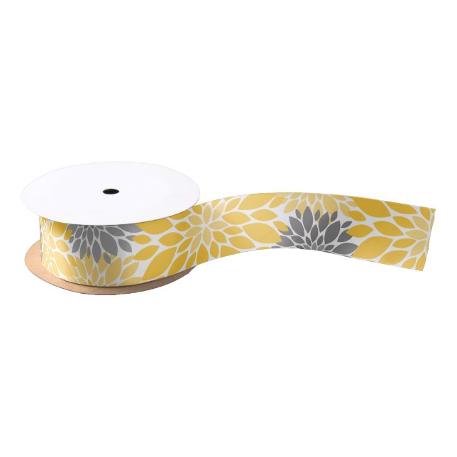 Yellow and Gray Chrysanthemums Floral Pattern Satin Ribbon (Spool)