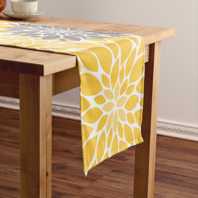 Yellow and Gray Chrysanthemums Floral Pattern Short Table Runner (In Situ)