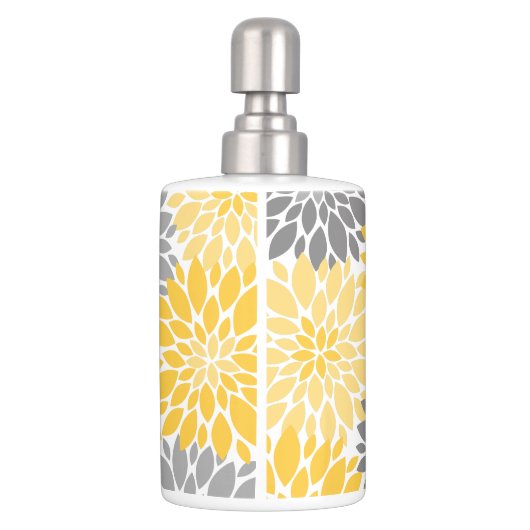 Yellow and Gray Chrysanthemums Floral Pattern Soap Dispenser And Toothbrush Holder (Back)