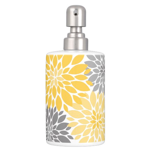 Yellow and Gray Chrysanthemums Floral Pattern Soap Dispenser And Toothbrush Holder (Front)