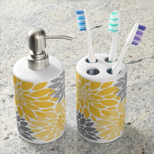 Yellow and Gray Chrysanthemums Floral Pattern Soap Dispenser And Toothbrush Holder (Front)