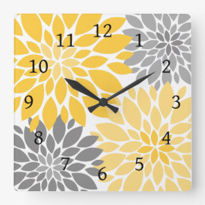 Yellow and Gray Chrysanthemums Floral Pattern Square Wall Clock
