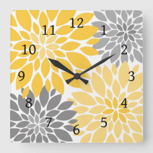 Yellow and Gray Chrysanthemums Floral Pattern Square Wall Clock
